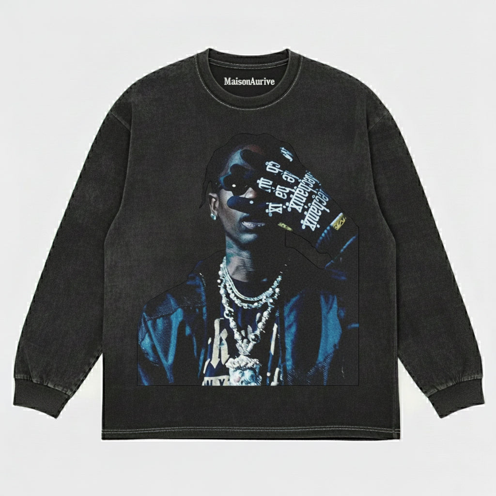 MaisonAurive Washed Hip-Hop Tee – Slogan Gesture & Chain Portrait Waterwashed Charcoal