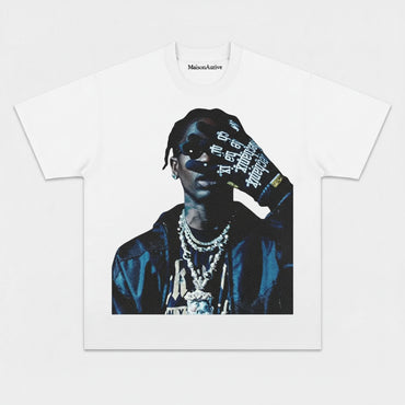 MaisonAurive Washed Hip-Hop Tee – Slogan Gesture & Chain Portrait Waterwashed Charcoal