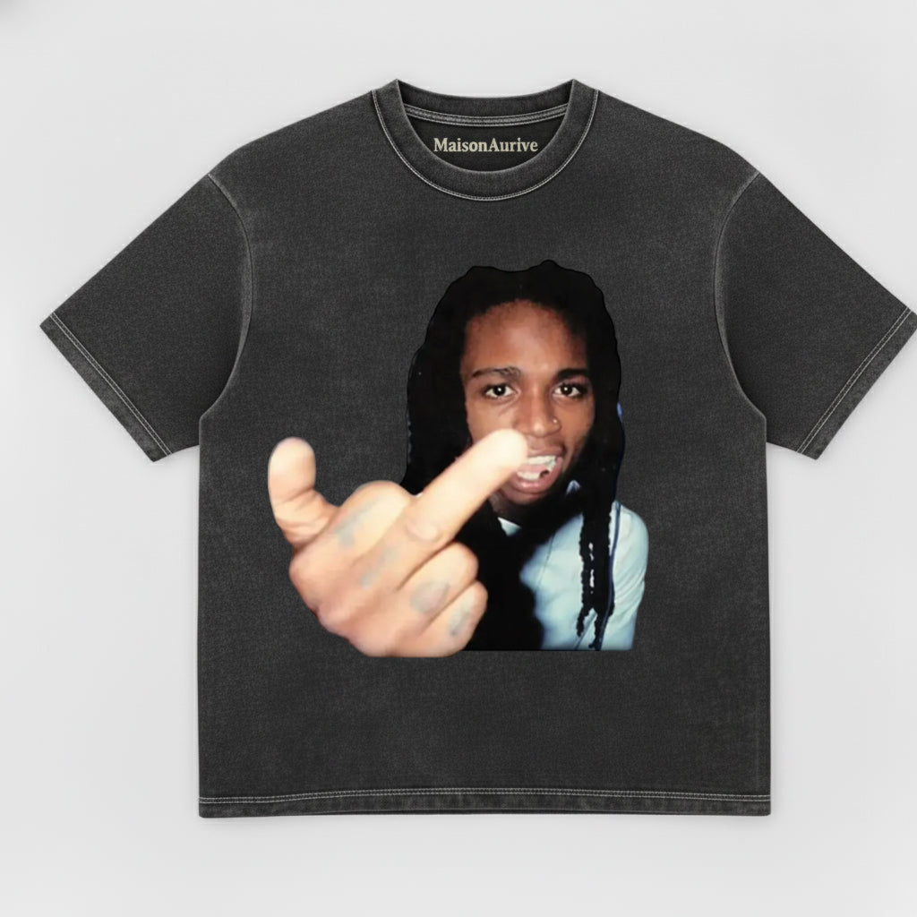 MaisonAurive Washed Hip-Hop Tee – Braids Gesture Portrait Waterwashed Charcoal