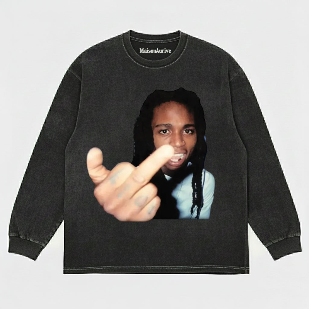 MaisonAurive Washed Hip-Hop Tee – Braids Gesture Portrait Waterwashed Charcoal