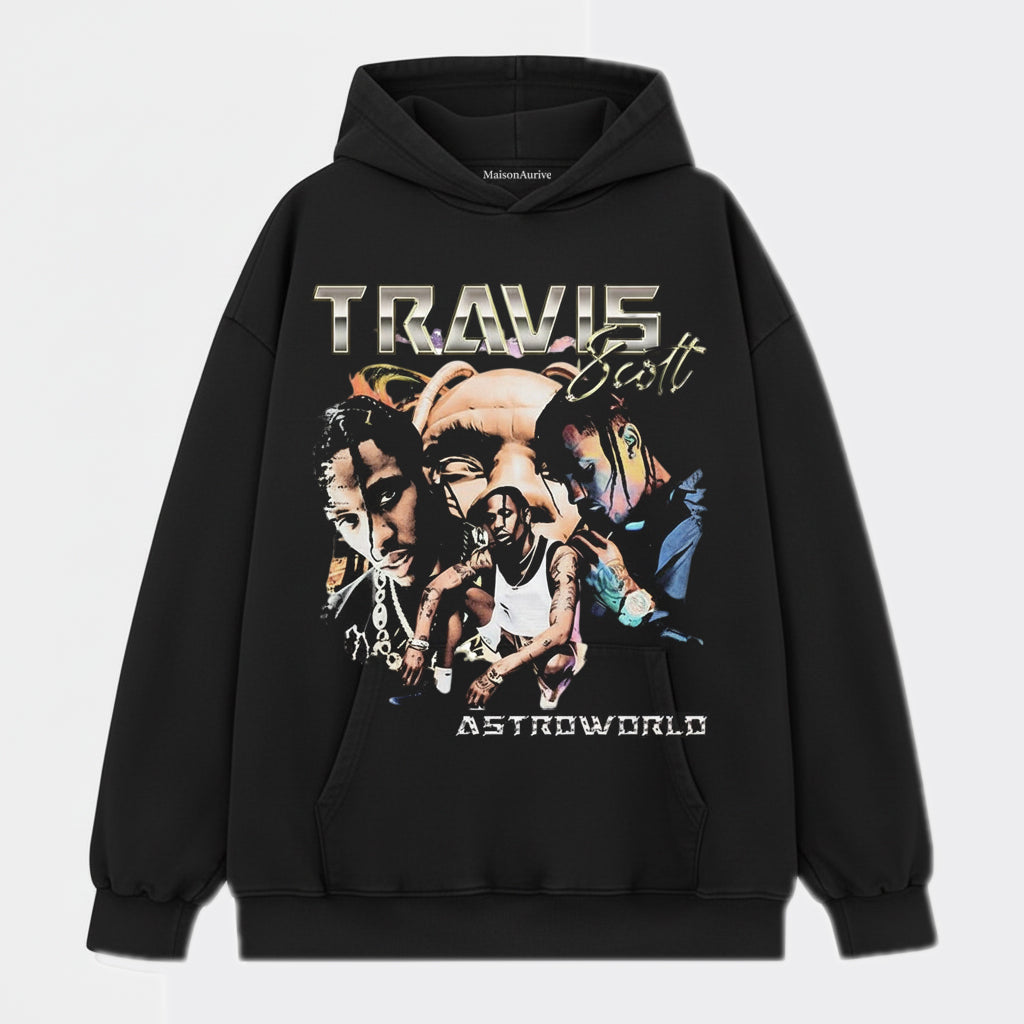 MaisonAurive ウォッシュド ヒップホップ T シャツ – ブラック |トラビス スコット アストロワールド グラフィック