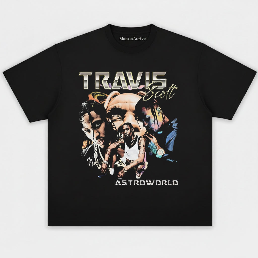 MaisonAurive ウォッシュド ヒップホップ T シャツ – ブラック |トラビス スコット アストロワールド グラフィック