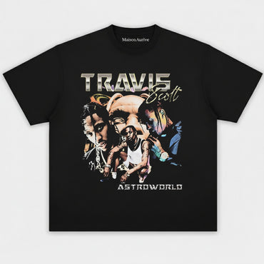 MaisonAurive ウォッシュド ヒップホップ T シャツ – ブラック |トラビス スコット アストロワールド グラフィック