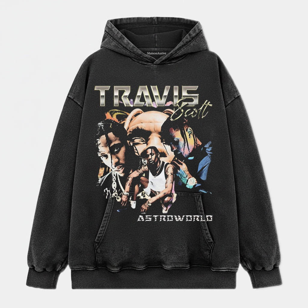 MaisonAurive ウォッシュド ヒップホップ T シャツ – ブラック |トラビス スコット アストロワールド グラフィック