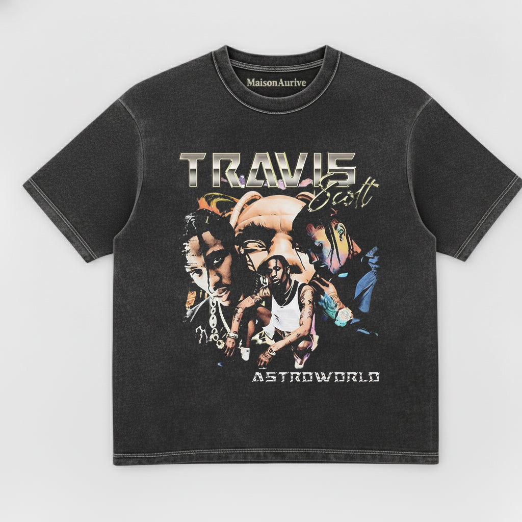 MaisonAurive ウォッシュド ヒップホップ T シャツ – ブラック |トラビス スコット アストロワールド グラフィック