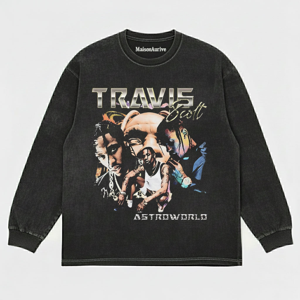 MaisonAurive ウォッシュド ヒップホップ T シャツ – ブラック |トラビス スコット アストロワールド グラフィック
