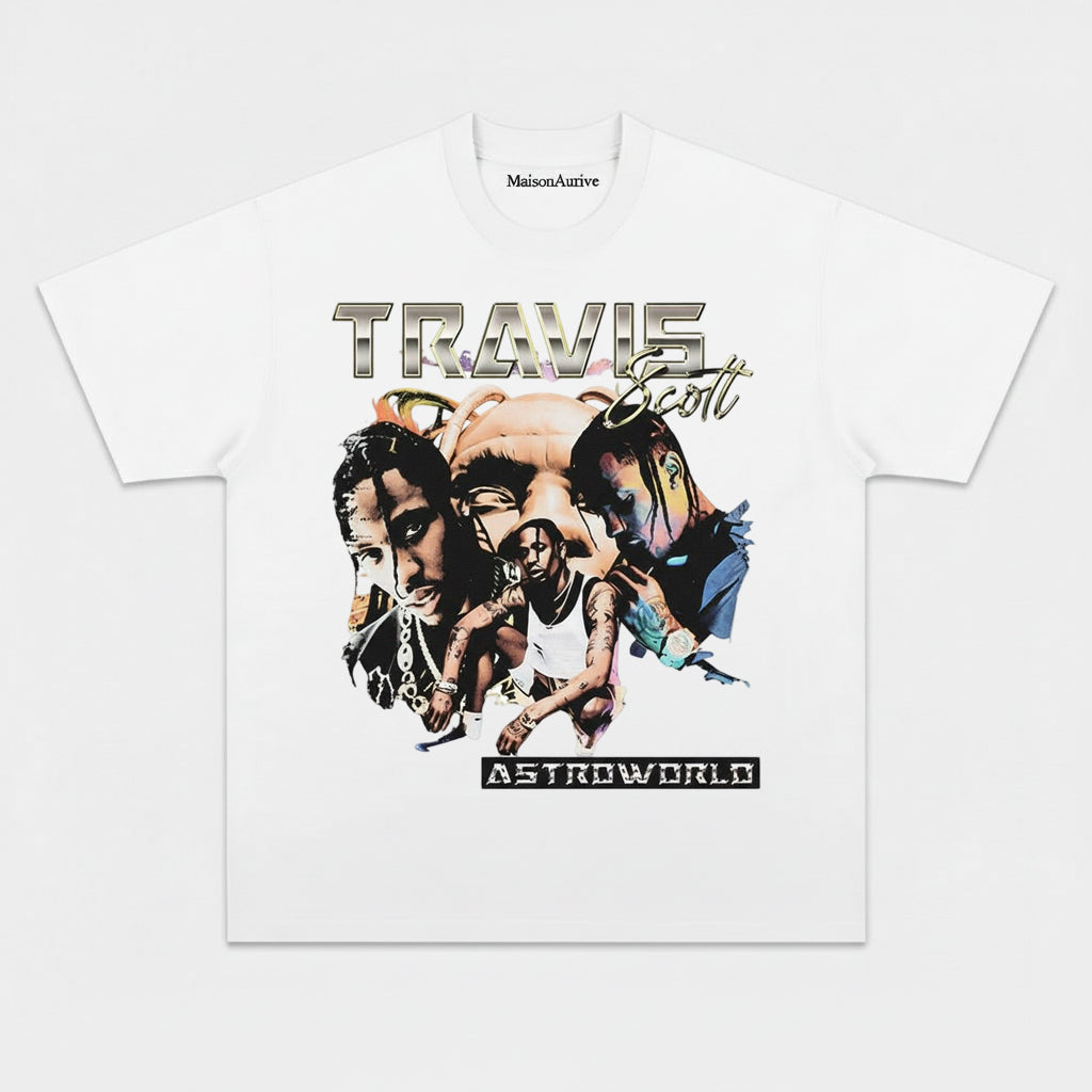 MaisonAurive ウォッシュド ヒップホップ T シャツ – ブラック |トラビス スコット アストロワールド グラフィック