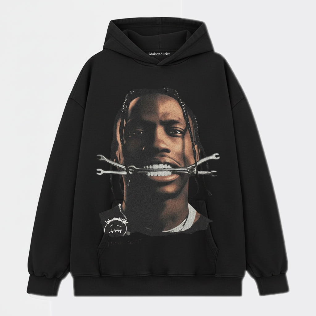 MaisonAurive ウォッシュド ヒップホップ T シャツ - ブラック |ホワイト |トラビス・スコット・レンチのグラフィック