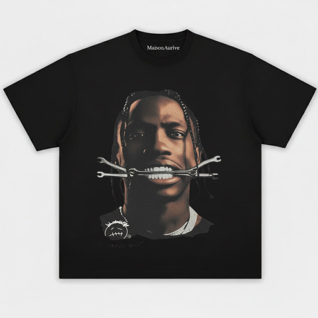 MaisonAurive ウォッシュド ヒップホップ T シャツ - ブラック |ホワイト |トラビス・スコット・レンチのグラフィック