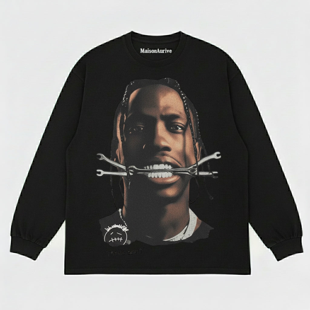 MaisonAurive ウォッシュド ヒップホップ T シャツ - ブラック |ホワイト |トラビス・スコット・レンチのグラフィック