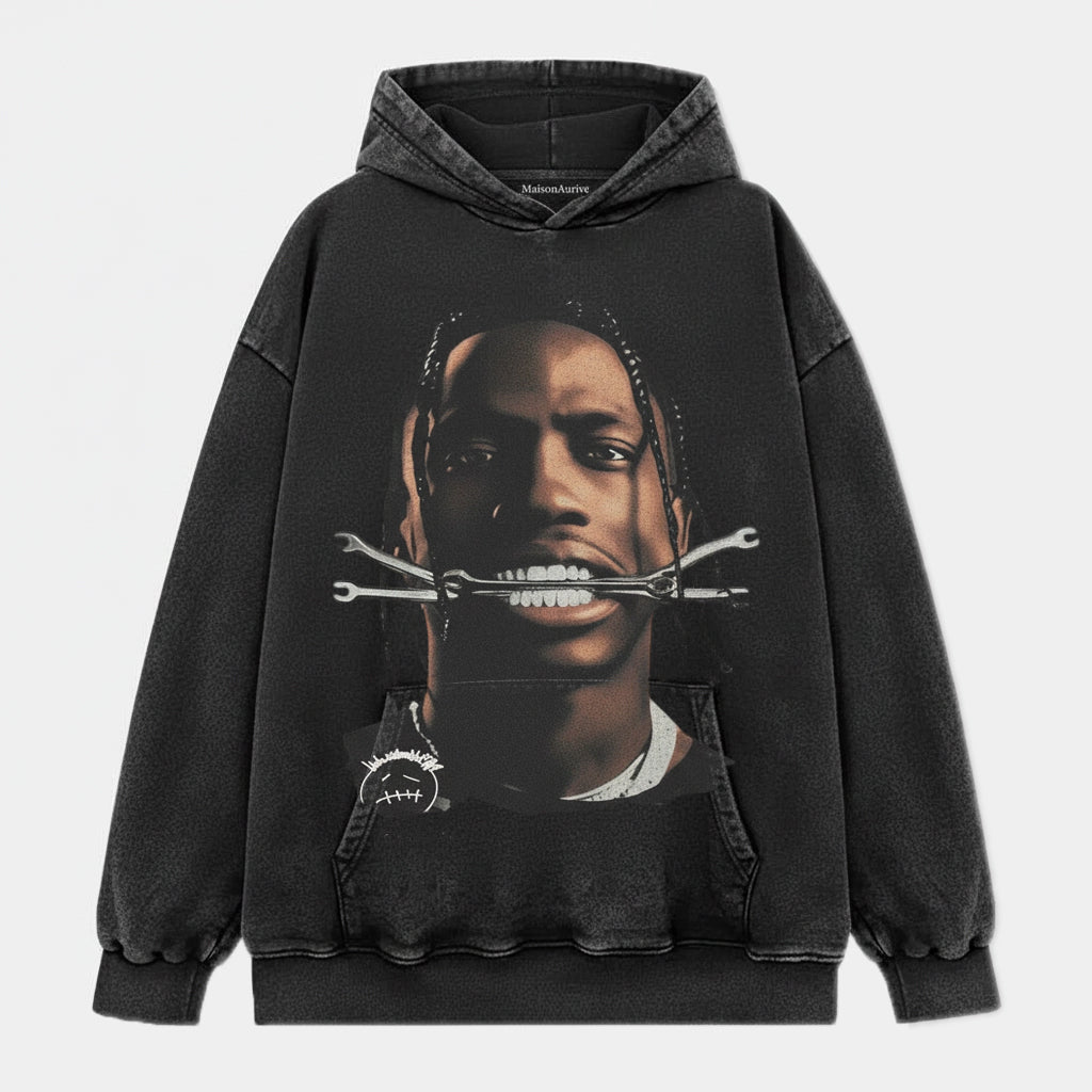 MaisonAurive ウォッシュド ヒップホップ T シャツ - ブラック |ホワイト |トラビス・スコット・レンチのグラフィック