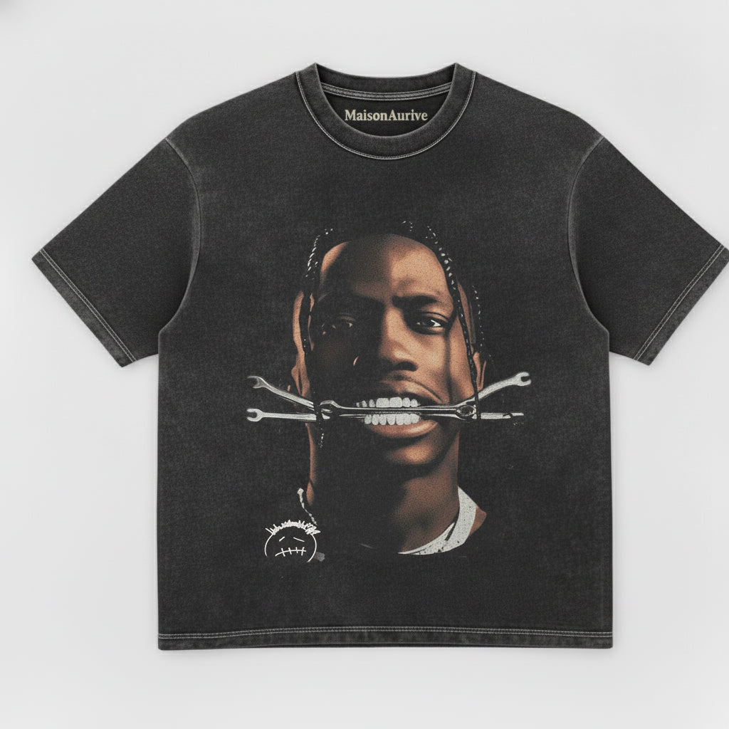 MaisonAurive ウォッシュド ヒップホップ T シャツ - ブラック |ホワイト |トラビス・スコット・レンチのグラフィック