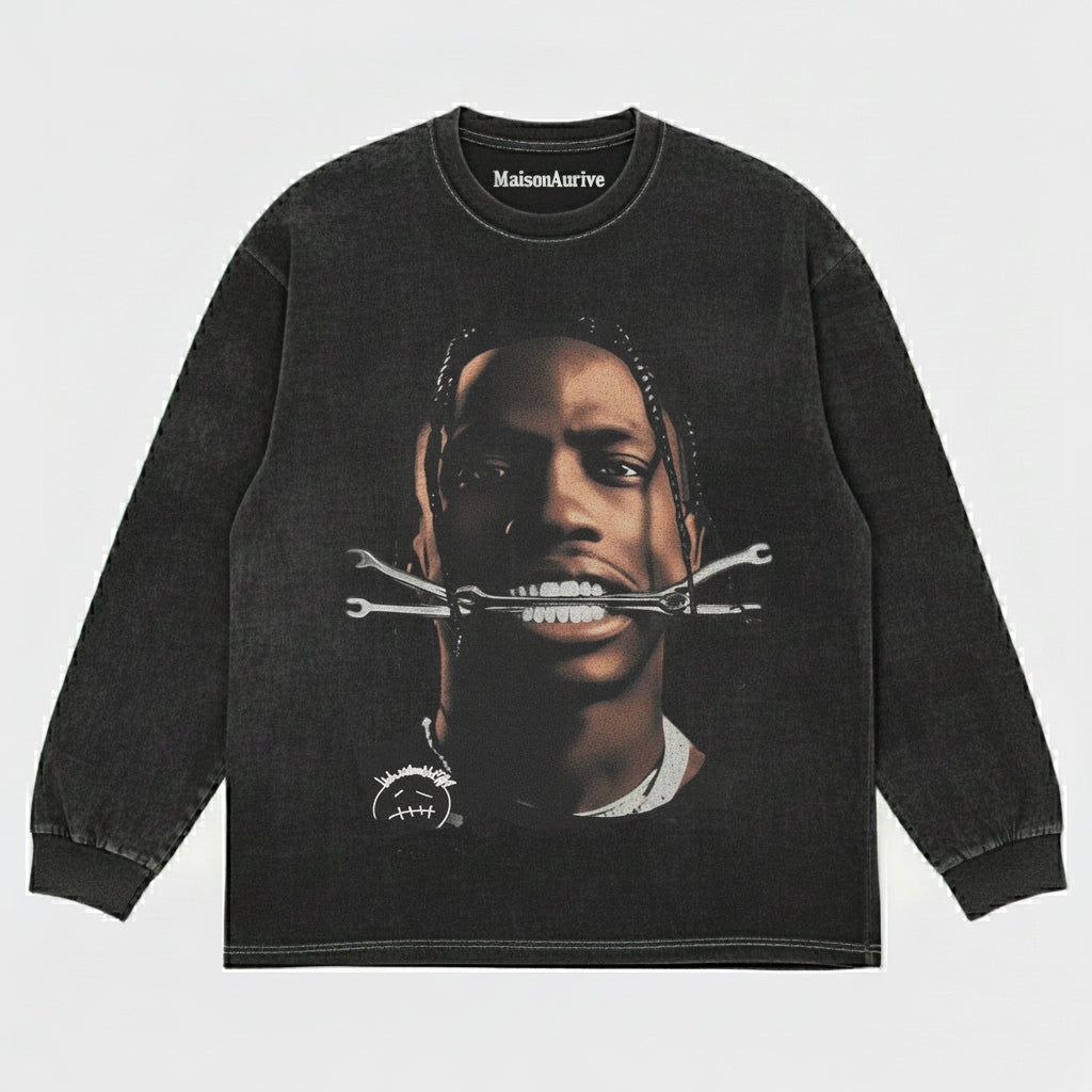 MaisonAurive ウォッシュド ヒップホップ T シャツ - ブラック |ホワイト |トラビス・スコット・レンチのグラフィック