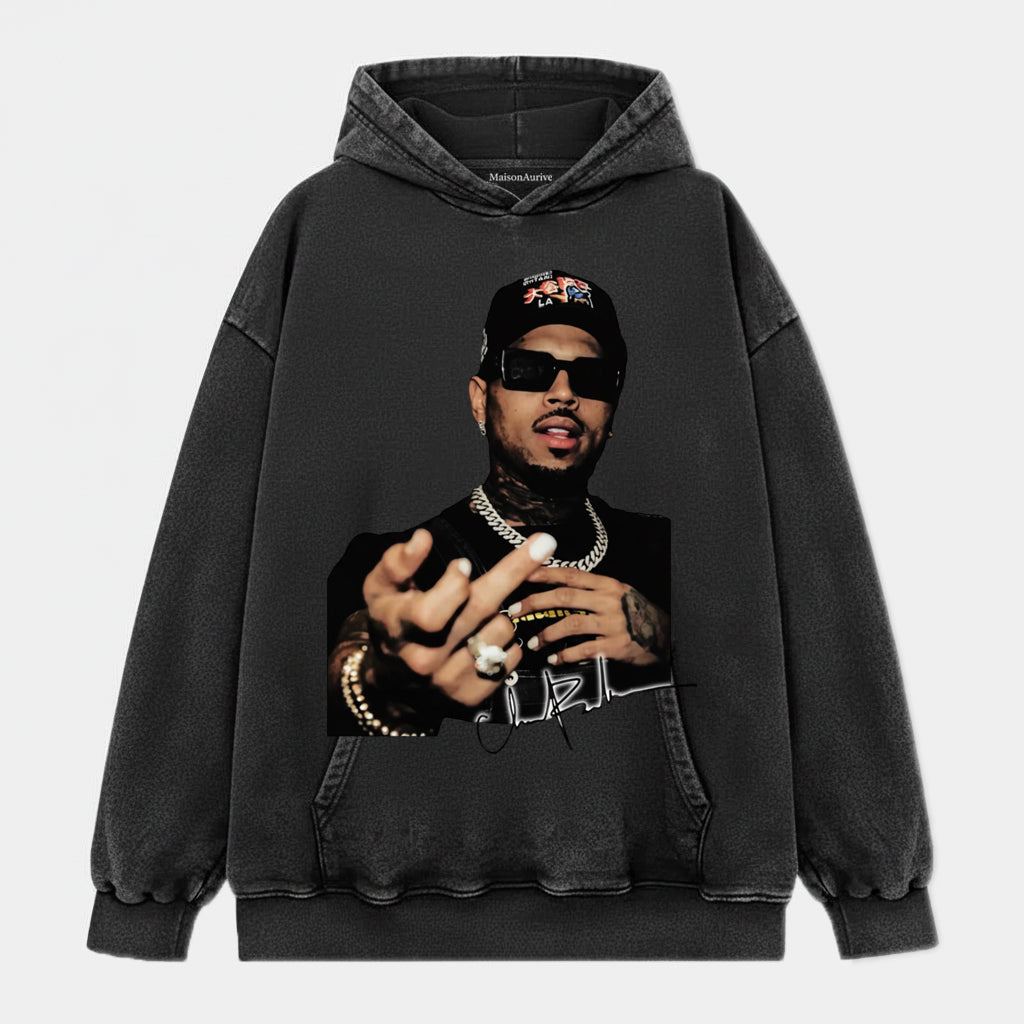 MaisonAurive Washed Hip-Hop Tee – Chain Gesture Portrait Waterwashed Charcoal