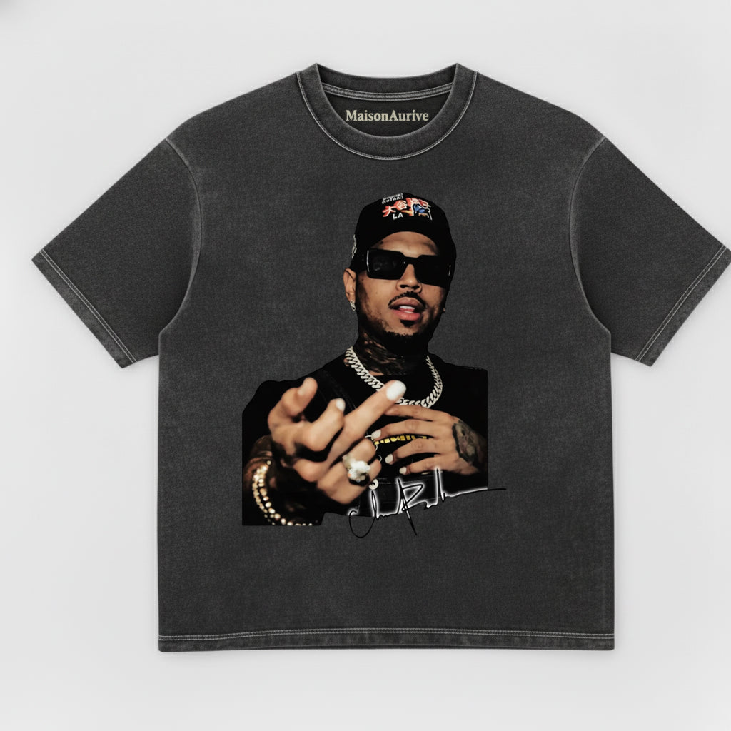 MaisonAurive Washed Hip-Hop Tee – Chain Gesture Portrait Waterwashed Charcoal