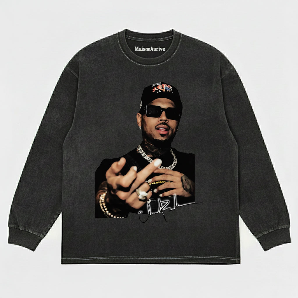 MaisonAurive Washed Hip-Hop Tee – Chain Gesture Portrait Waterwashed Charcoal