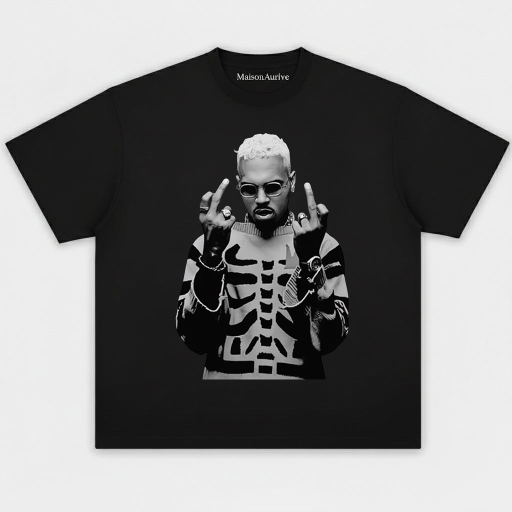 MaisonAurive Washed Hip-Hop Tee – Skeleton Print Gesture Portrait Waterwashed Charcoal