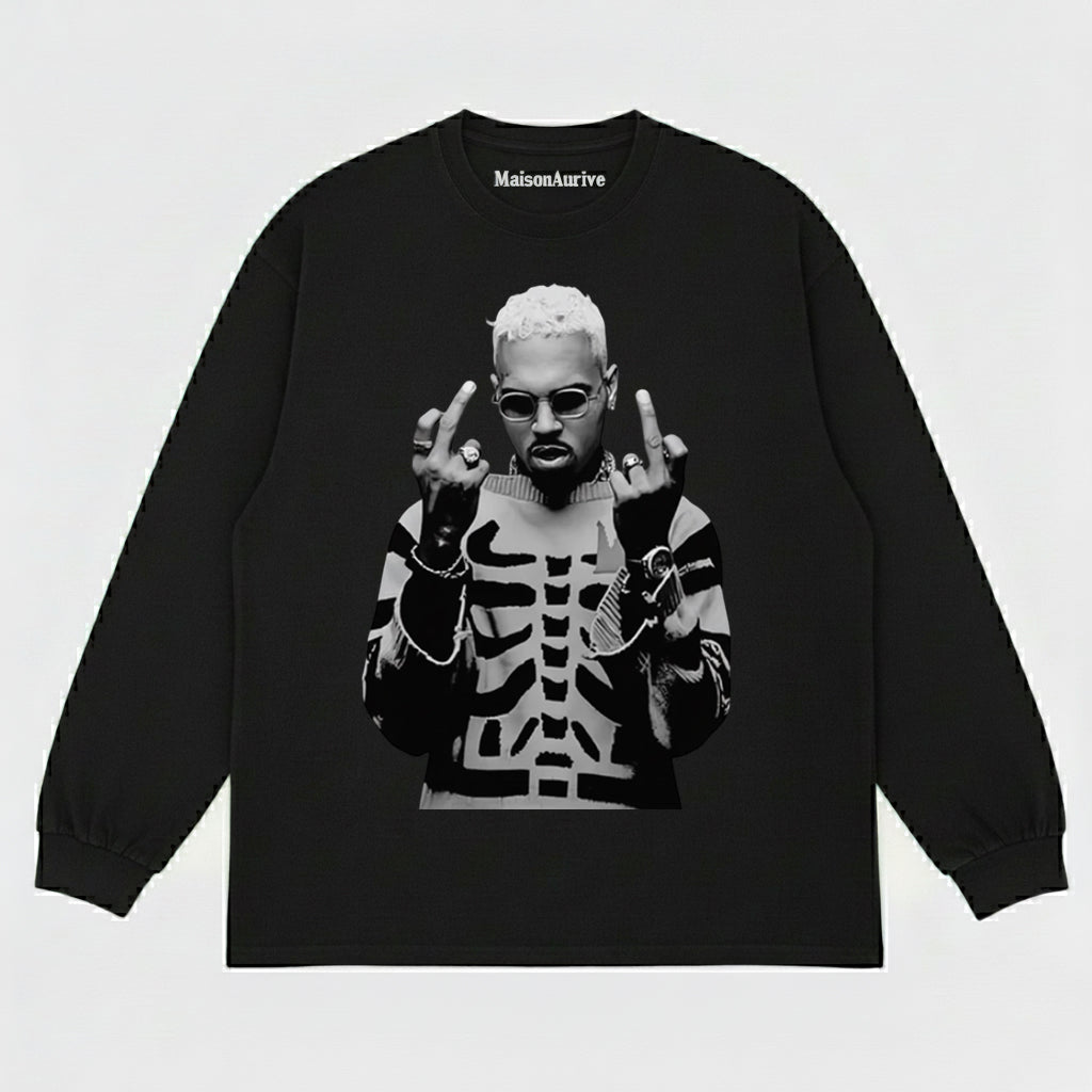 MaisonAurive Washed Hip-Hop Tee – Skeleton Print Gesture Portrait Waterwashed Charcoal