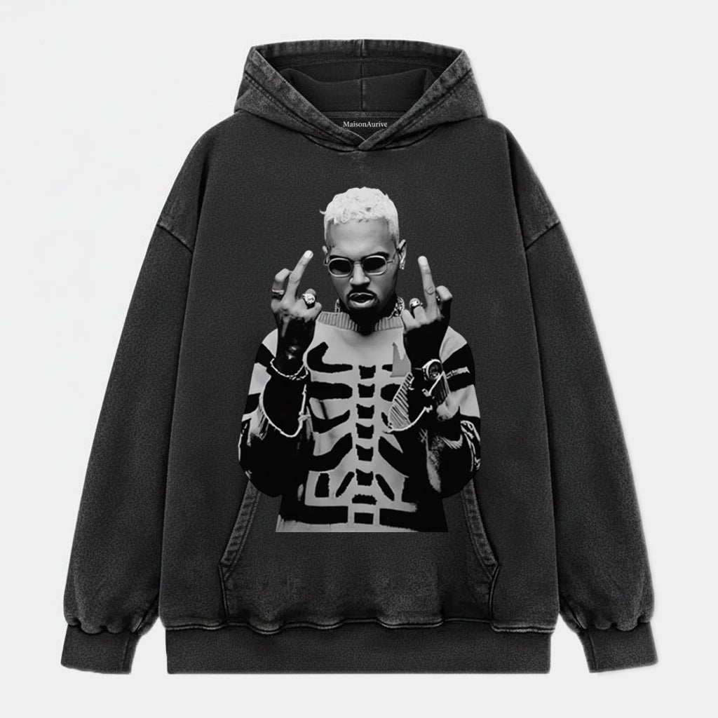 MaisonAurive Washed Hip-Hop Tee – Skeleton Print Gesture Portrait Waterwashed Charcoal