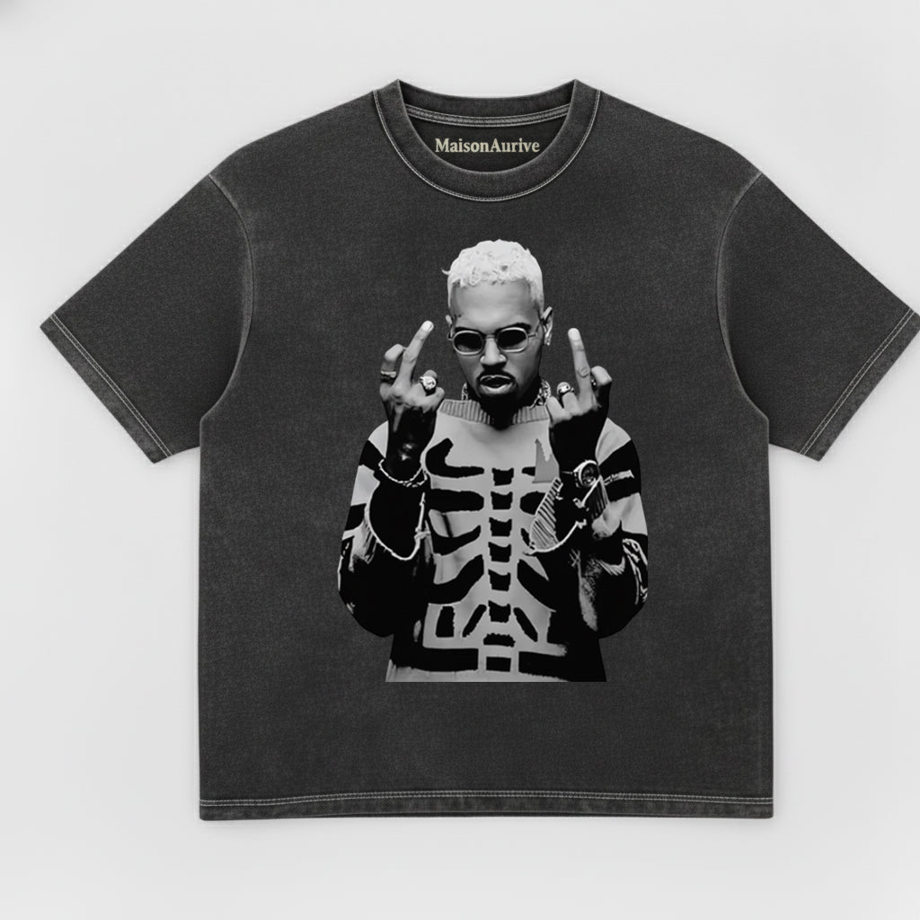 MaisonAurive Washed Hip-Hop Tee – Skeleton Print Gesture Portrait Waterwashed Charcoal