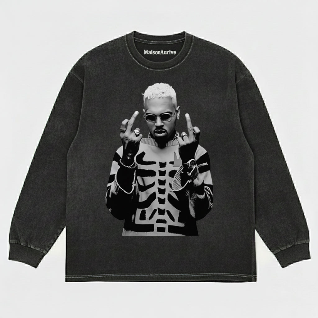 MaisonAurive Washed Hip-Hop Tee – Skeleton Print Gesture Portrait Waterwashed Charcoal