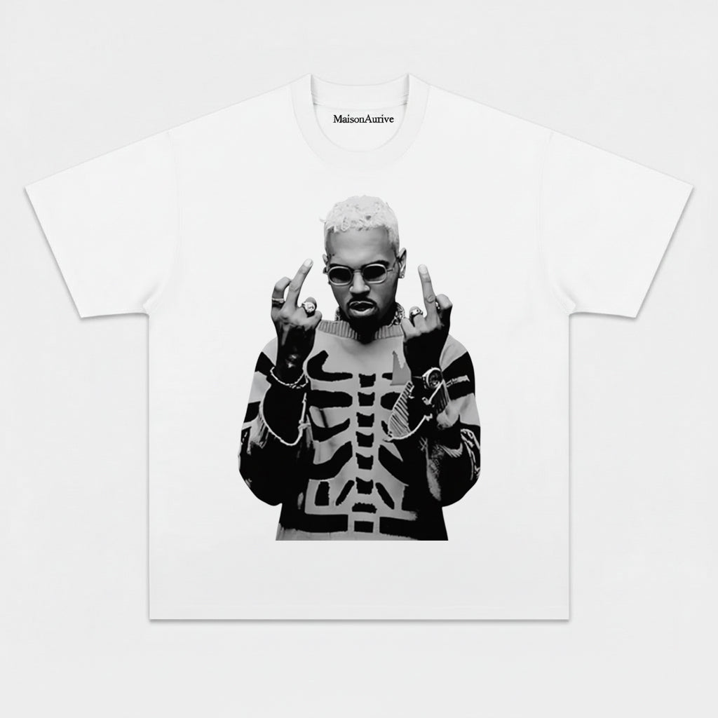 MaisonAurive Washed Hip-Hop Tee – Skeleton Print Gesture Portrait Waterwashed Charcoal