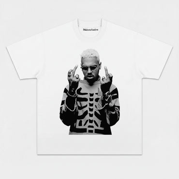 MaisonAurive Washed Hip-Hop Tee – Skeleton Print Gesture Portrait Waterwashed Charcoal