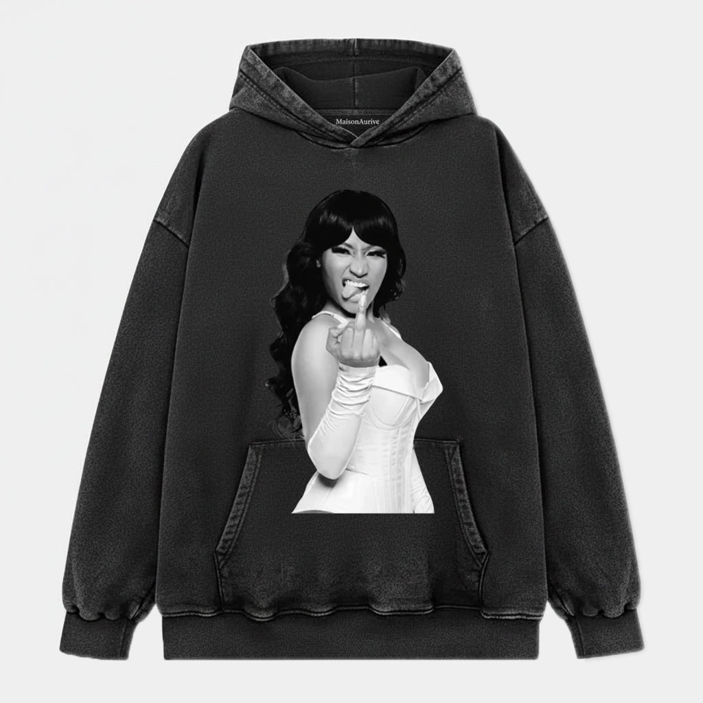 MaisonAurive Washed Hip-Hop Tee – Corset Baddie Gesture Portrait Waterwashed Charcoal