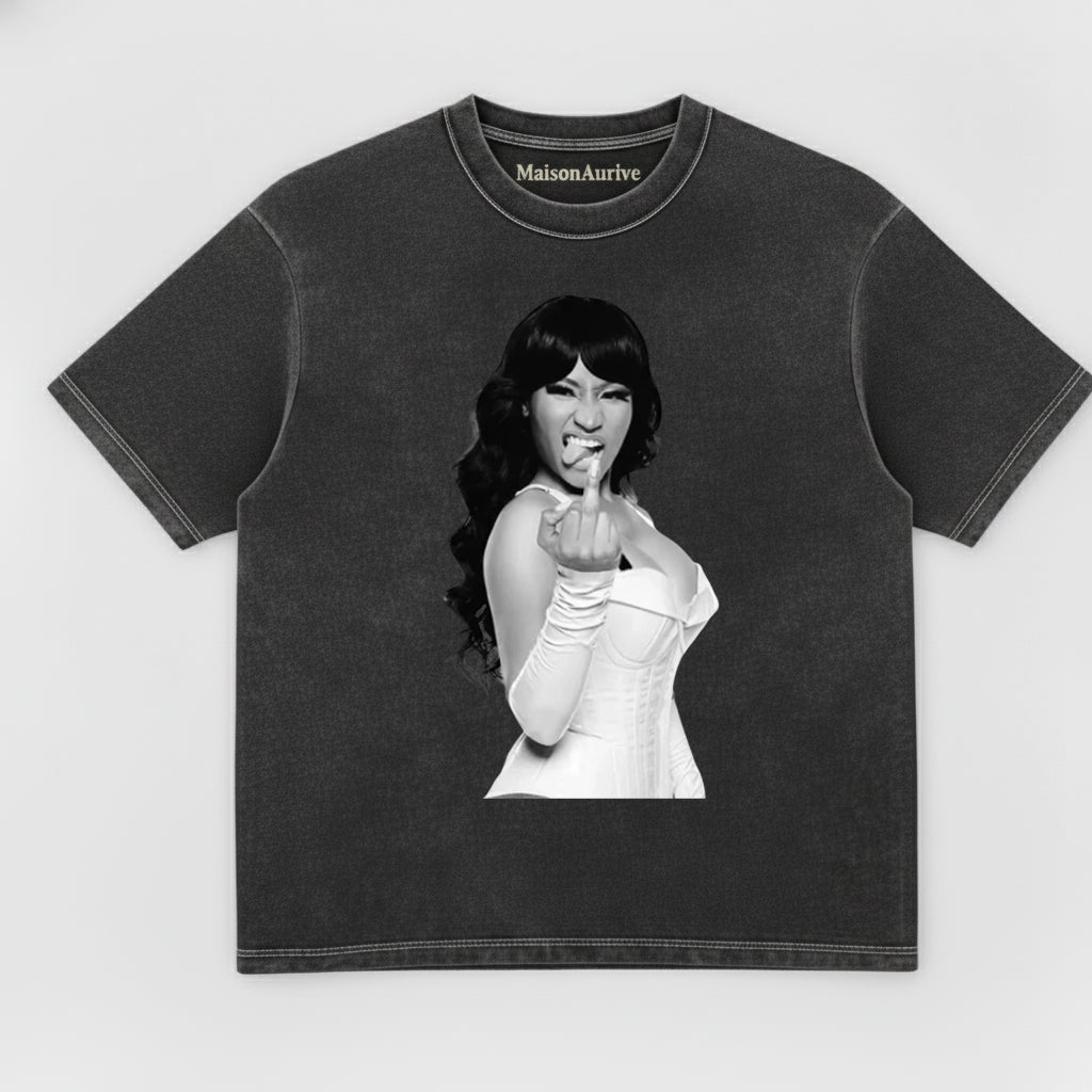 MaisonAurive Washed Hip-Hop Tee – Corset Baddie Gesture Portrait Waterwashed Charcoal