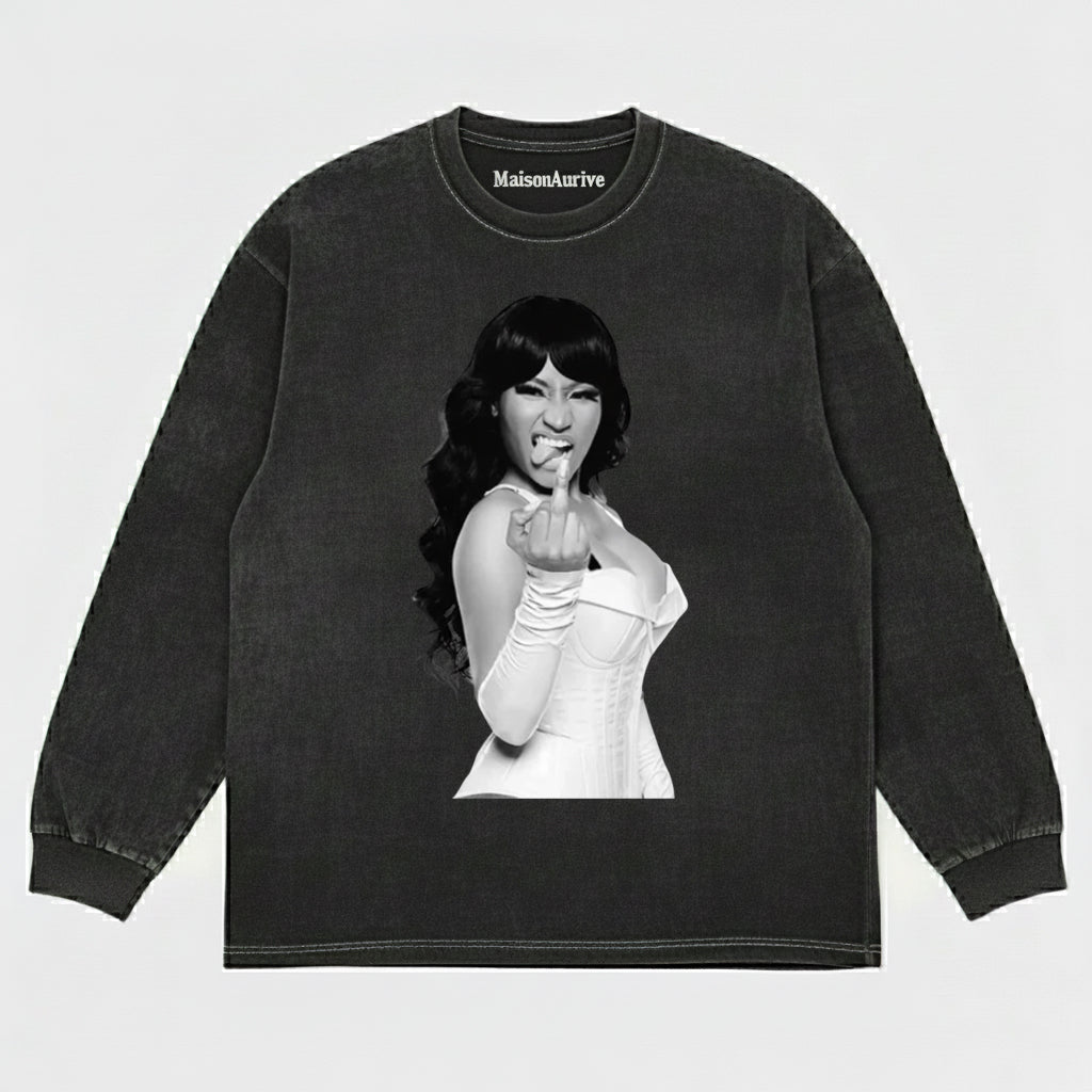 MaisonAurive Washed Hip-Hop Tee – Corset Baddie Gesture Portrait Waterwashed Charcoal