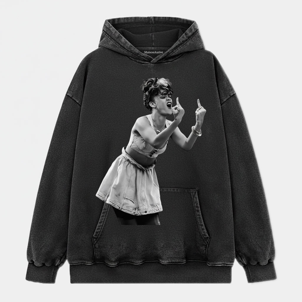 MaisonAurive Washed Hip-Hop Tee – Skirt Baddie Dual Gesture Portrait Waterwashed Charcoal