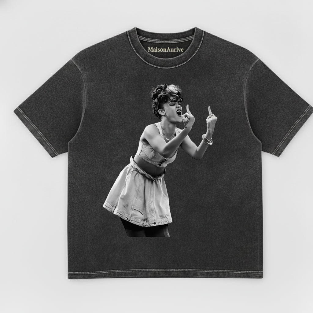 MaisonAurive Washed Hip-Hop Tee – Skirt Baddie Dual Gesture Portrait Waterwashed Charcoal