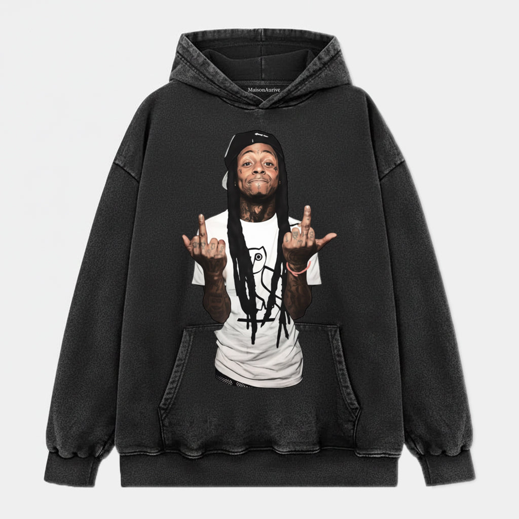 MaisonAurive Washed Hip-Hop Tee – Dreads Dual Gesture Portrait Waterwashed Charcoal