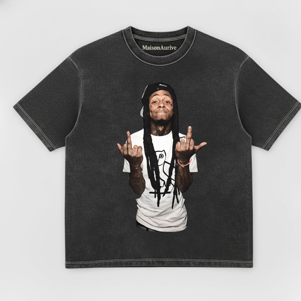 MaisonAurive Washed Hip-Hop Tee – Dreads Dual Gesture Portrait Waterwashed Charcoal