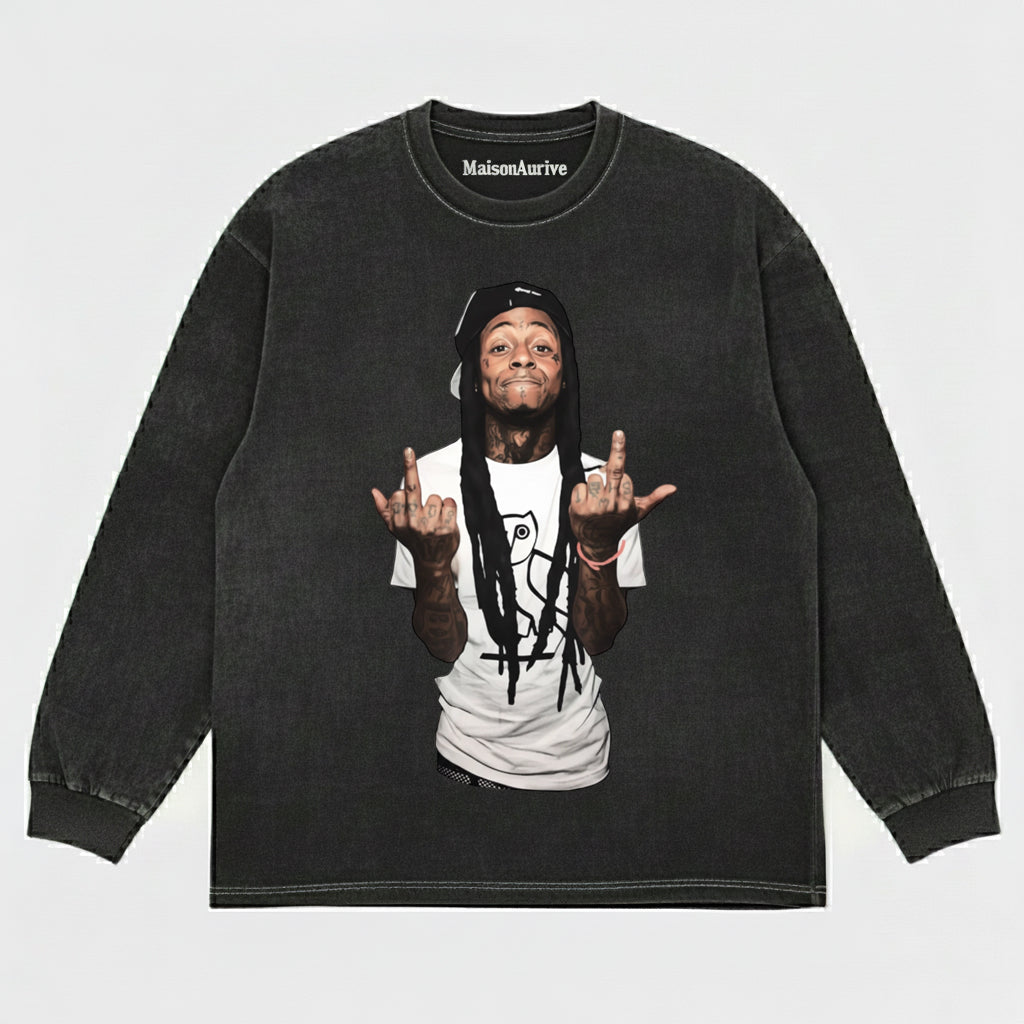 MaisonAurive Washed Hip-Hop Tee – Dreads Dual Gesture Portrait Waterwashed Charcoal