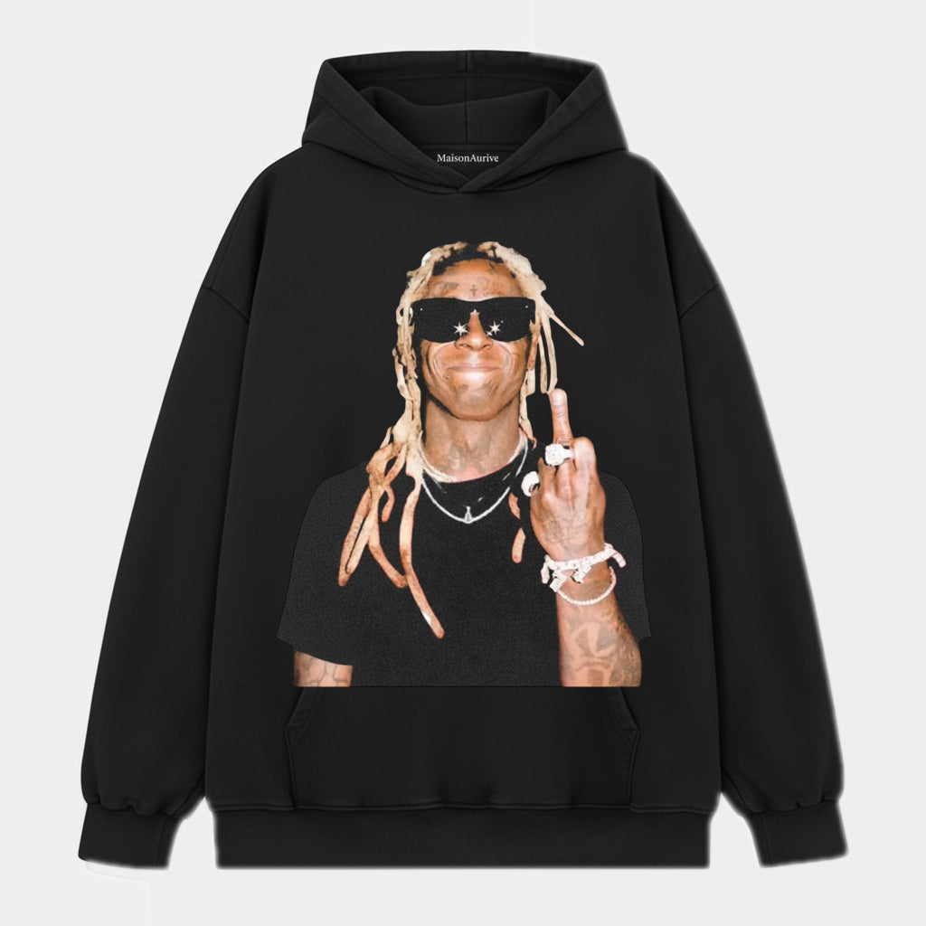 MaisonAurive Washed Hip-Hop Tee – Blonde Dreads & Chain Gesture Portrait Waterwashed Charcoal