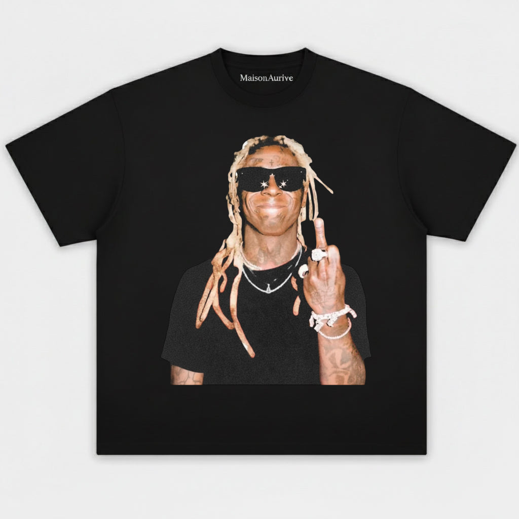 MaisonAurive Washed Hip-Hop Tee – Blonde Dreads & Chain Gesture Portrait Waterwashed Charcoal