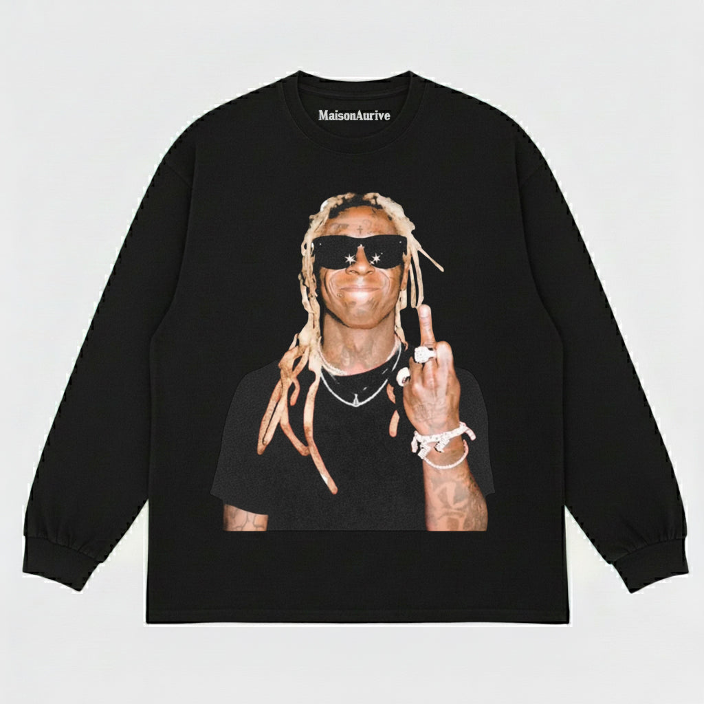 MaisonAurive Washed Hip-Hop Tee – Blonde Dreads & Chain Gesture Portrait Waterwashed Charcoal