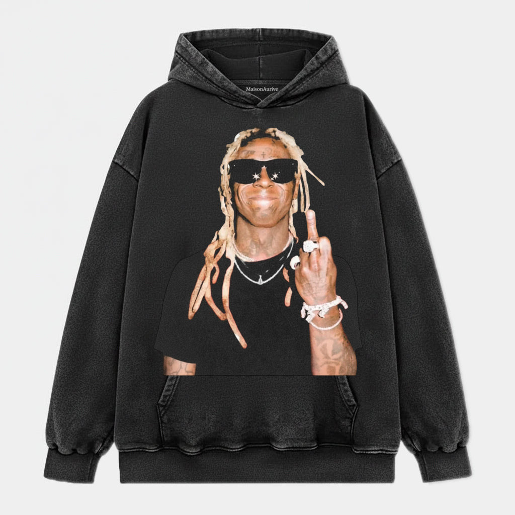 MaisonAurive Washed Hip-Hop Tee – Blonde Dreads & Chain Gesture Portrait Waterwashed Charcoal