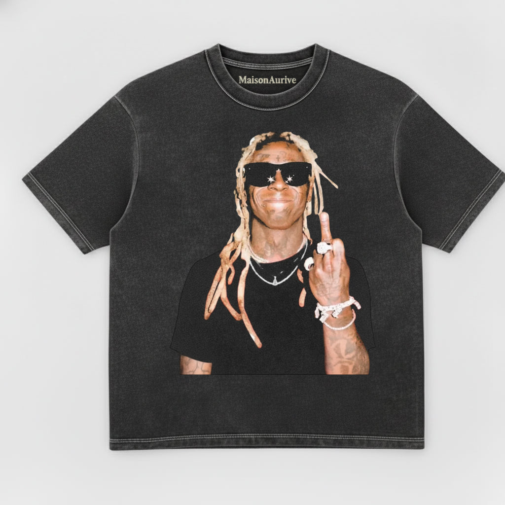 MaisonAurive Washed Hip-Hop Tee – Blonde Dreads & Chain Gesture Portrait Waterwashed Charcoal