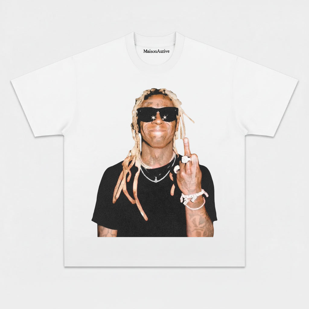 MaisonAurive Washed Hip-Hop Tee – Blonde Dreads & Chain Gesture Portrait Waterwashed Charcoal