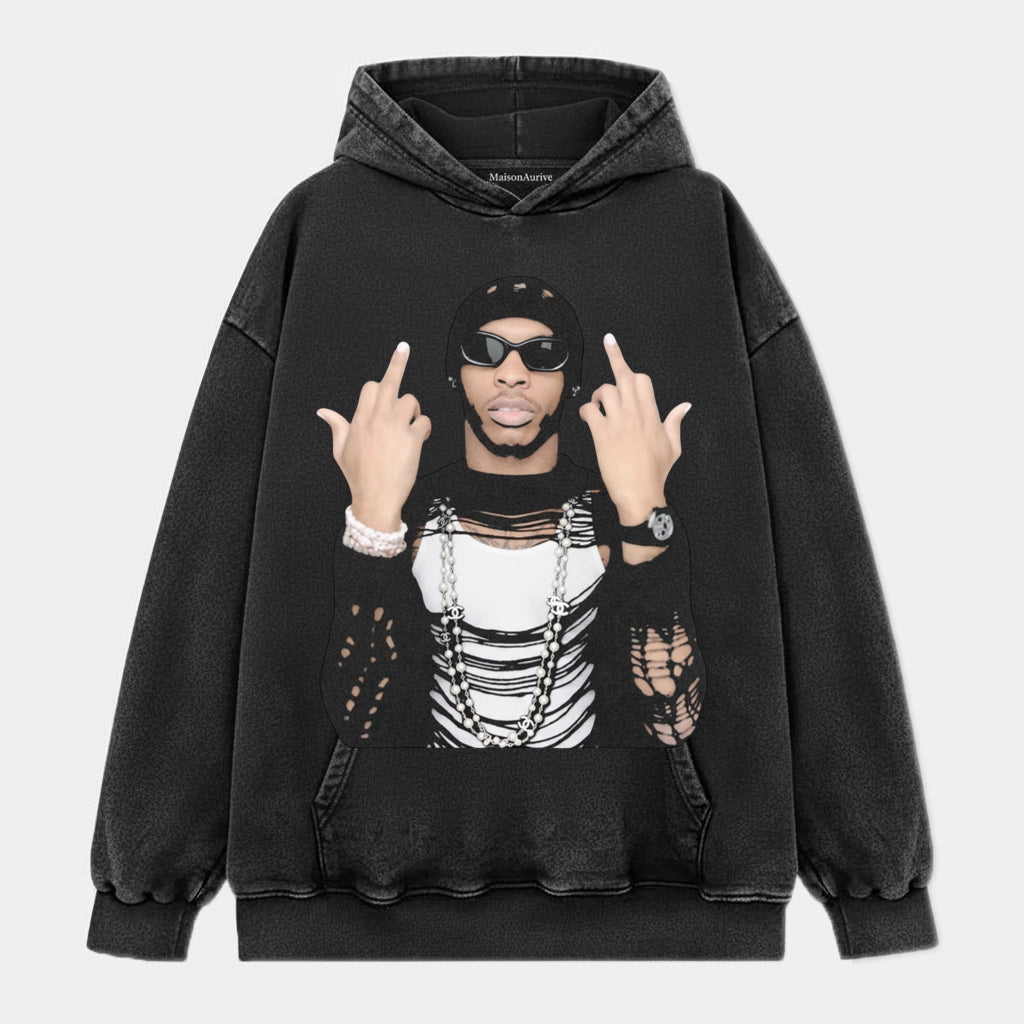 MaisonAurive Vintage Washed Tee: Ripped Chain Street Hip-Hop Graphic Charcoal