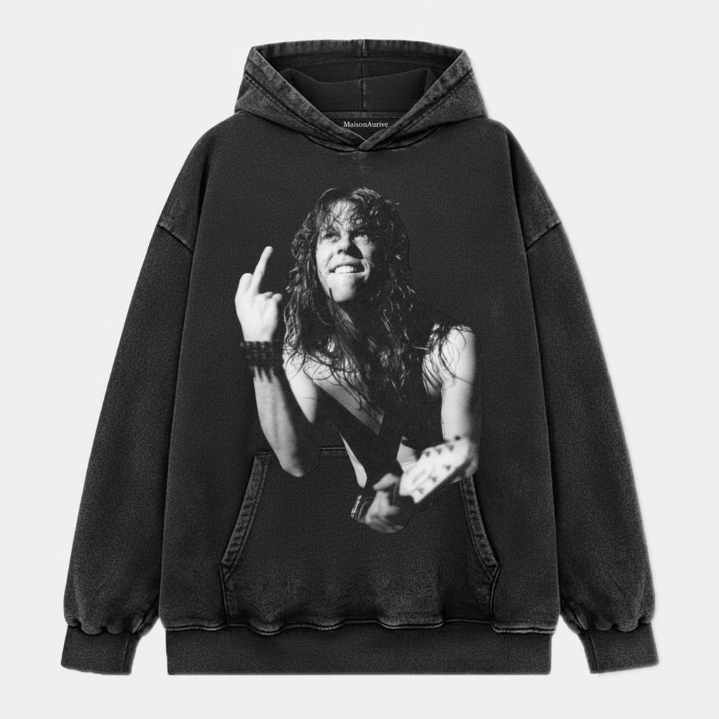 MaisonAurive Washed Hip-Hop Tee: Rock Guitar Street Style Waterwashed Charcoal