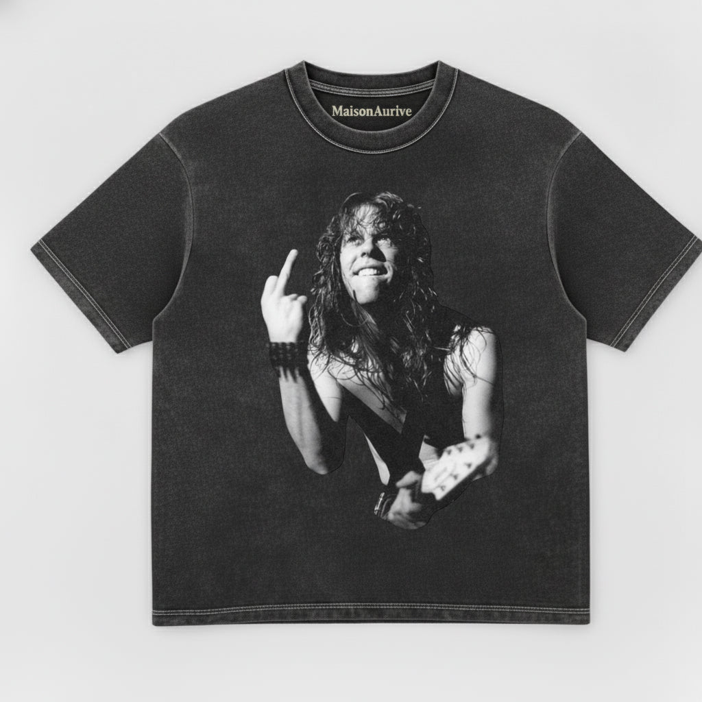 MaisonAurive Washed Hip-Hop Tee: Rock Guitar Street Style Waterwashed Charcoal