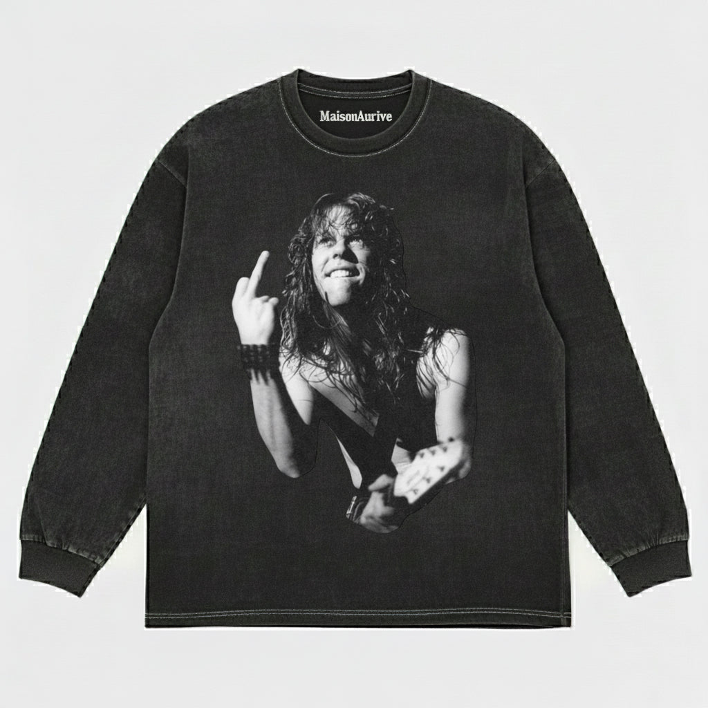 MaisonAurive Washed Hip-Hop Tee: Rock Guitar Street Style Waterwashed Charcoal