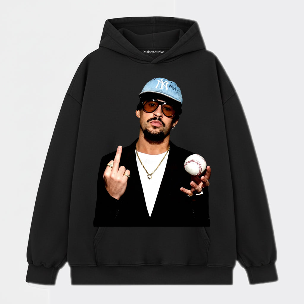 MaisonAurive Washed Hip-Hop Tee – Baseball Cap & Ball Gesture Portrait Waterwashed Charcoal