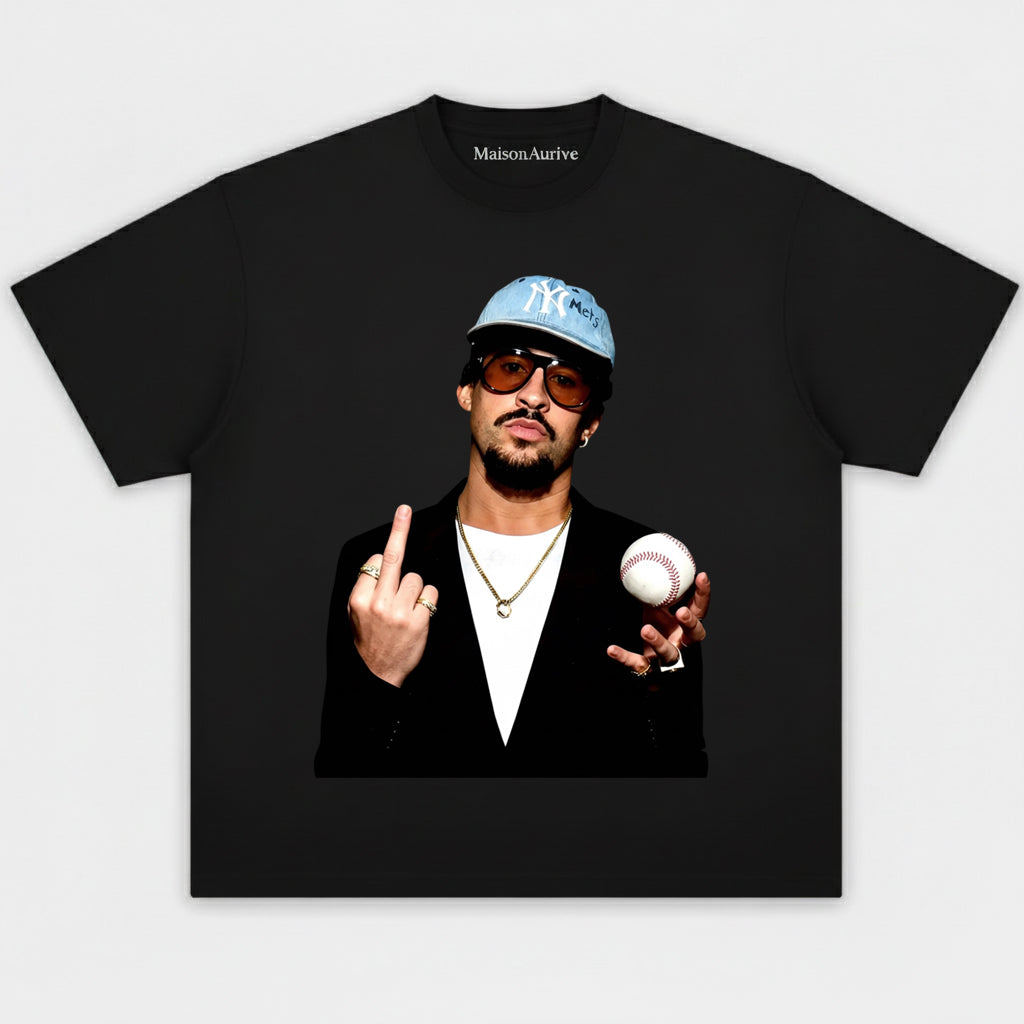 MaisonAurive Washed Hip-Hop Tee – Baseball Cap & Ball Gesture Portrait Waterwashed Charcoal