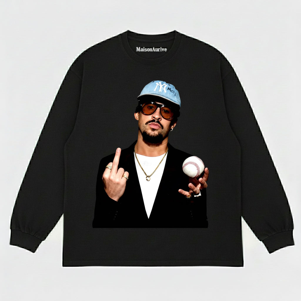 MaisonAurive Washed Hip-Hop Tee – Baseball Cap & Ball Gesture Portrait Waterwashed Charcoal