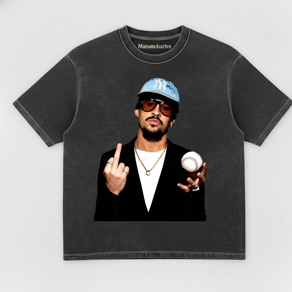 MaisonAurive Washed Hip-Hop Tee – Baseball Cap & Ball Gesture Portrait Waterwashed Charcoal