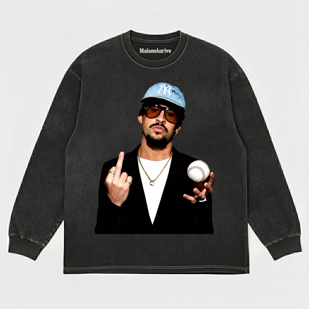 MaisonAurive Washed Hip-Hop Tee – Baseball Cap & Ball Gesture Portrait Waterwashed Charcoal